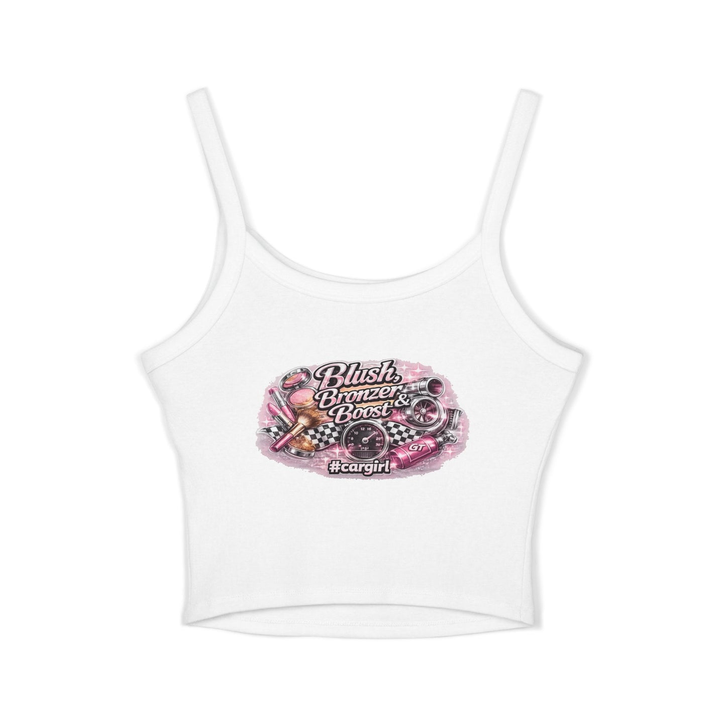 Spaghetti Tank Top — 'Blush Bronzer Boost' Graphic Crop Top