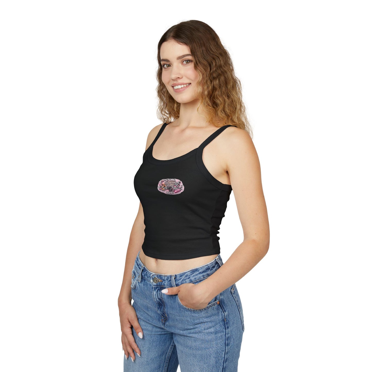 Spaghetti Tank Top — 'Blush Bronzer Boost' Graphic Crop Top