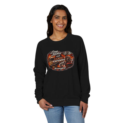 Car Girl Engine Crewneck Sweatshirt — 'Long Lashes, loud engines”