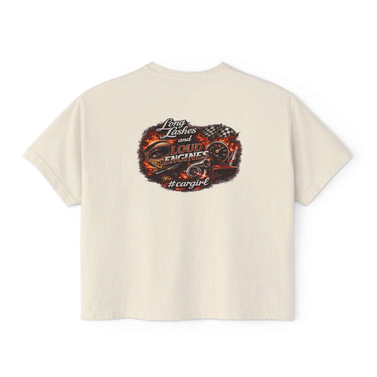 Long Lashes & Loud Engines Women's Boxy Tee – Car Girl Graphic Cropped T-Shirt