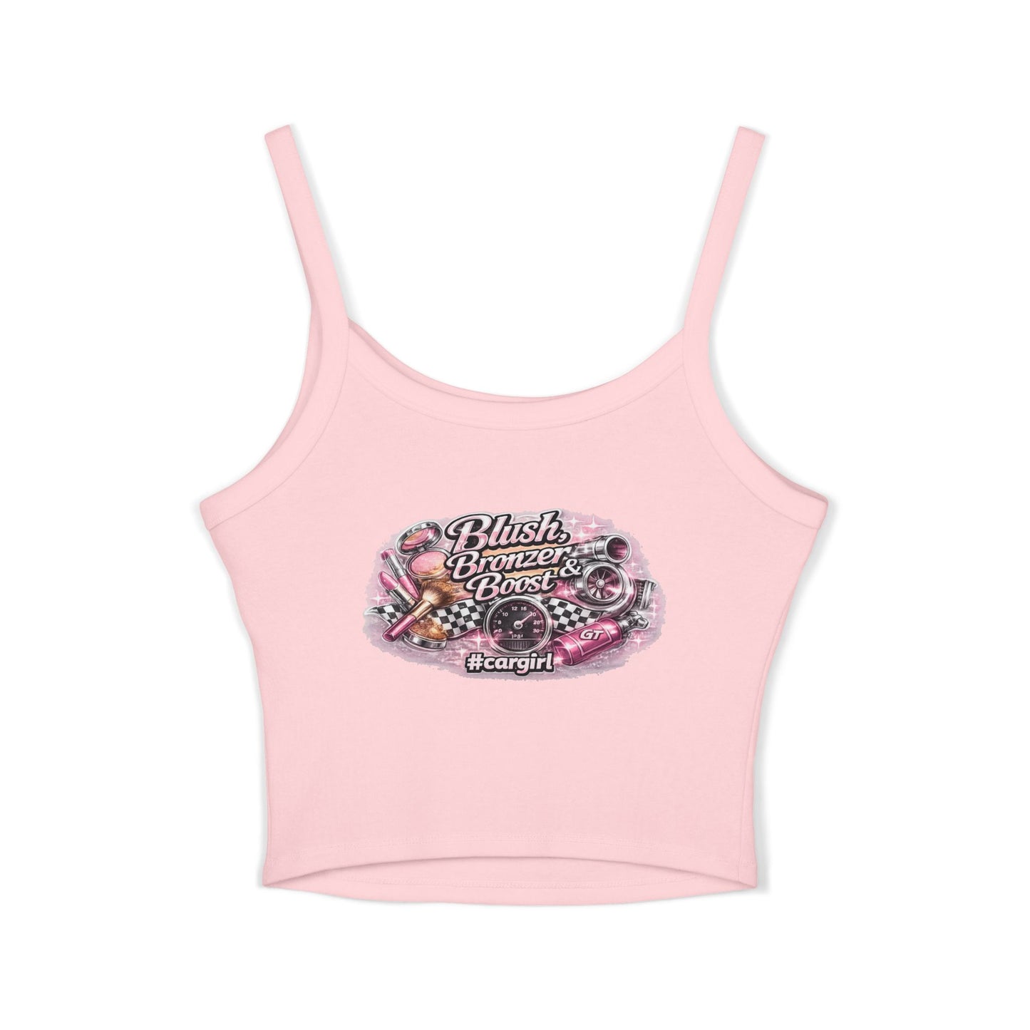 Spaghetti Tank Top — 'Blush Bronzer Boost' Graphic Crop Top