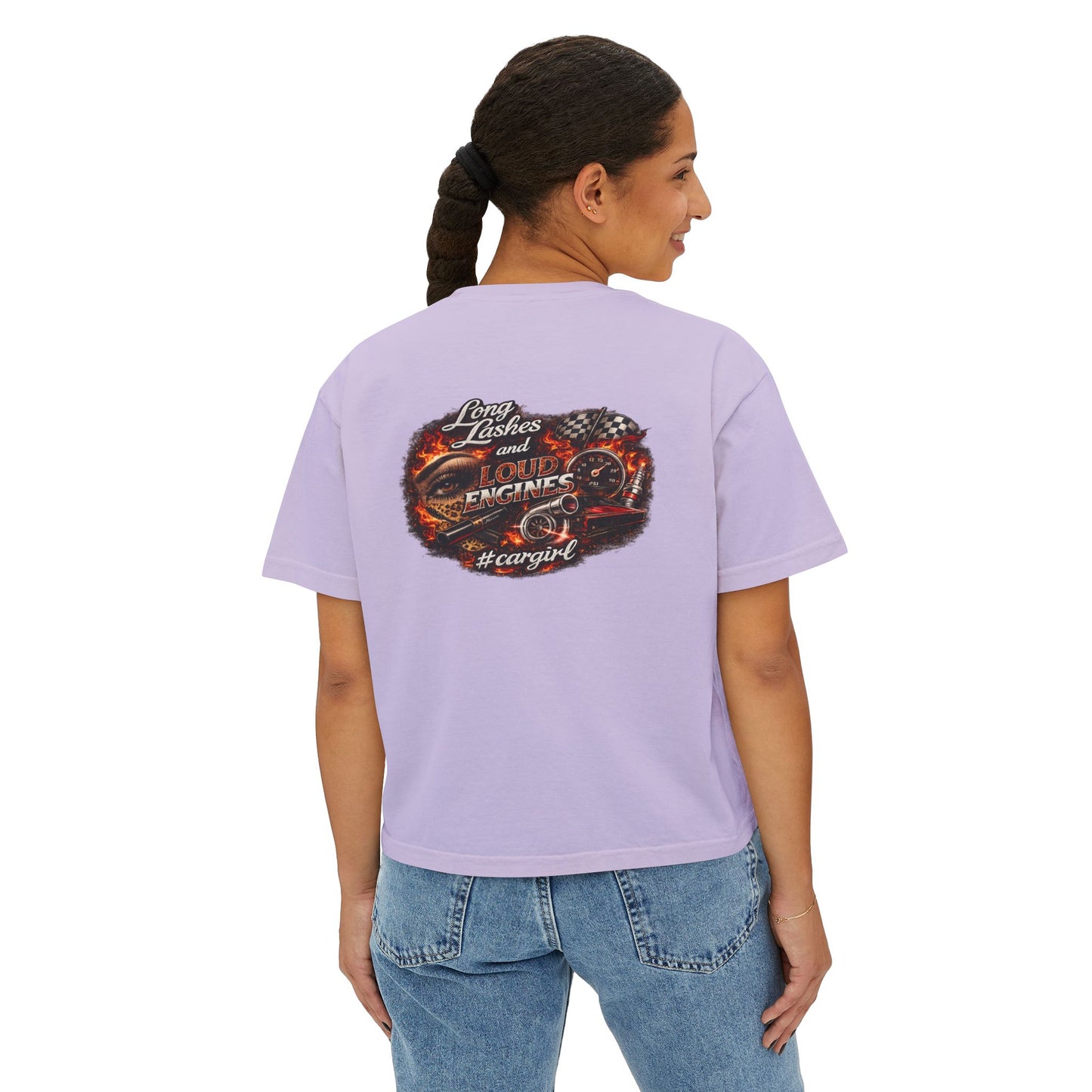 Long Lashes & Loud Engines Women's Boxy Tee – Car Girl Graphic Cropped T-Shirt