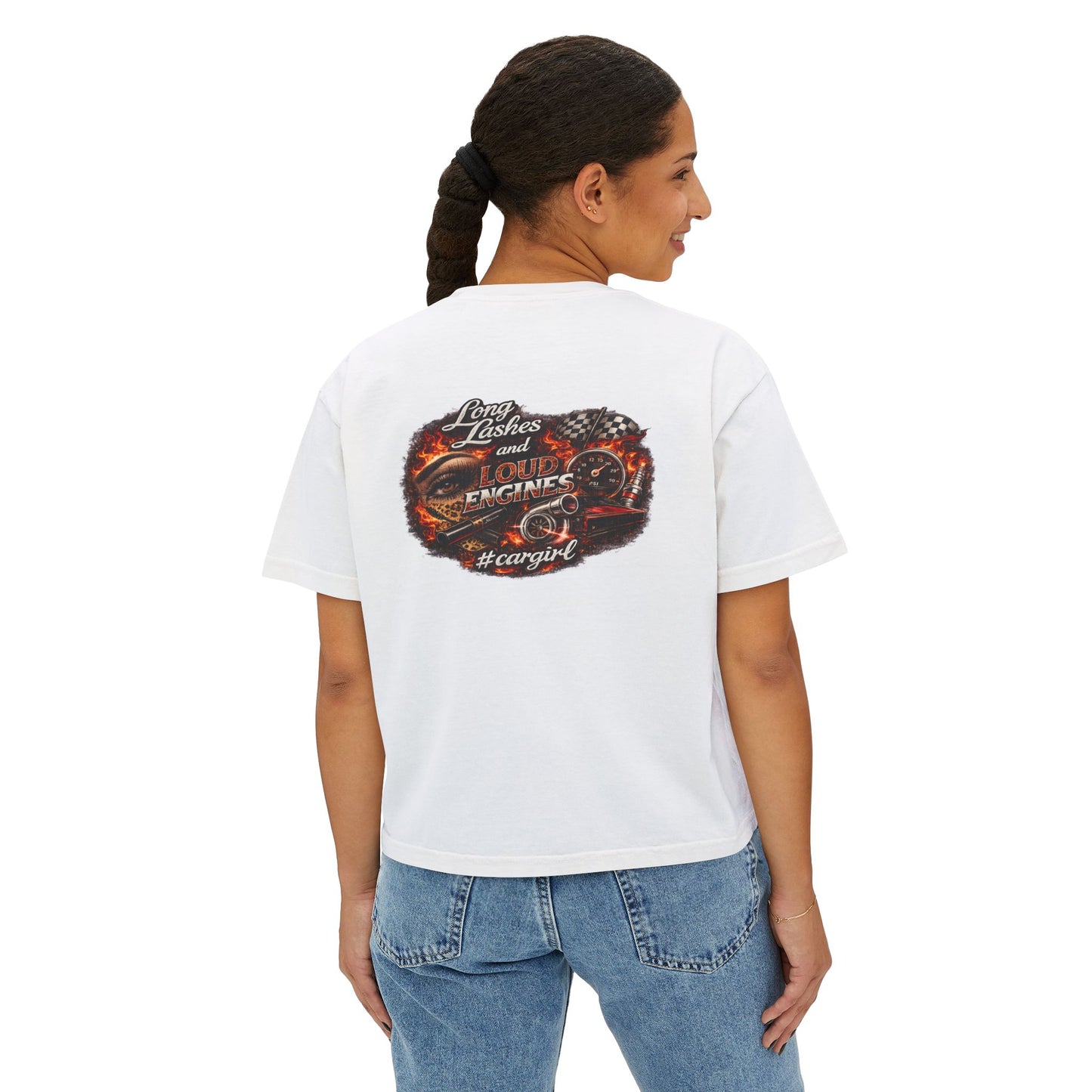 Long Lashes & Loud Engines Women's Boxy Tee – Car Girl Graphic Cropped T-Shirt