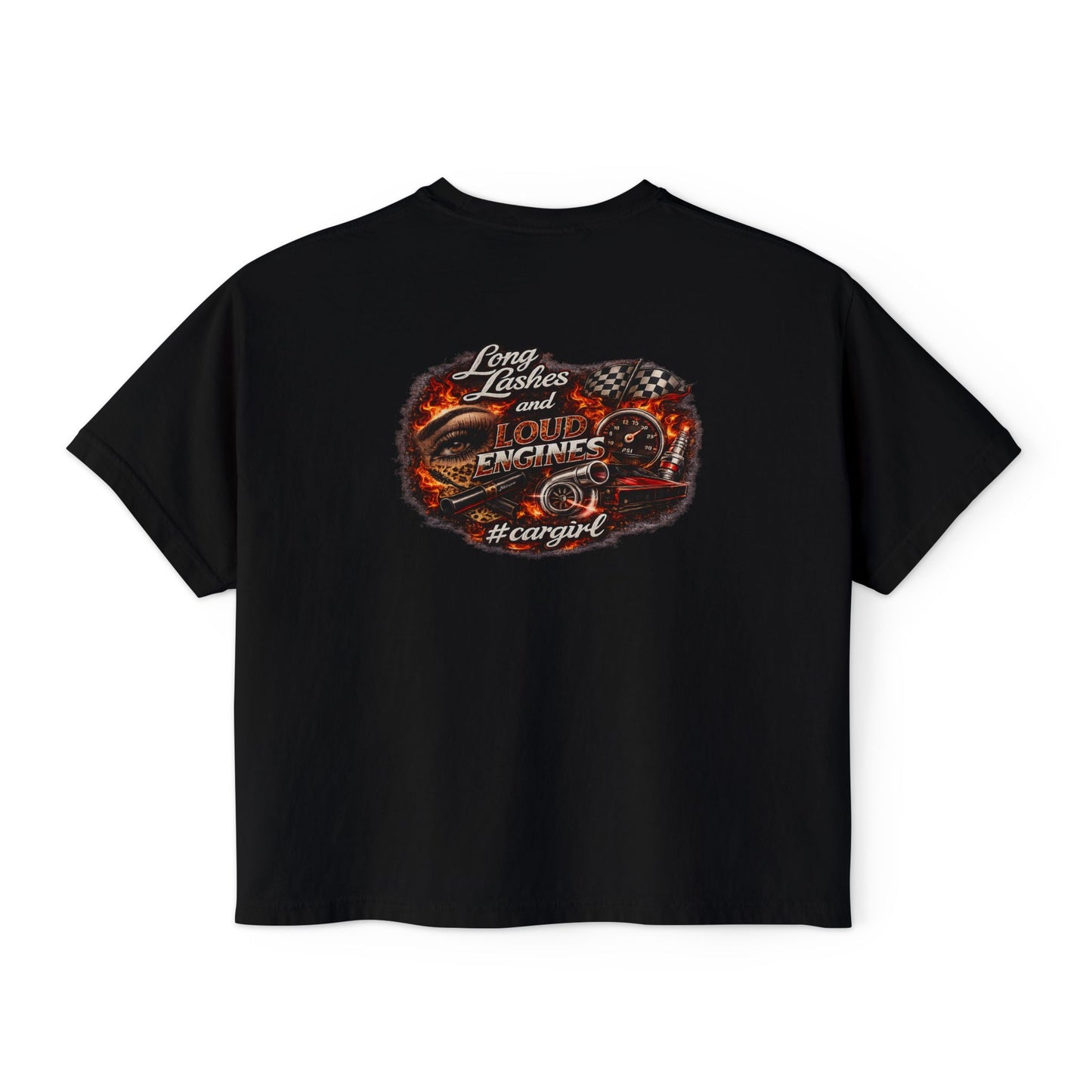 Long Lashes & Loud Engines Women's Boxy Tee – Car Girl Graphic Cropped T-Shirt