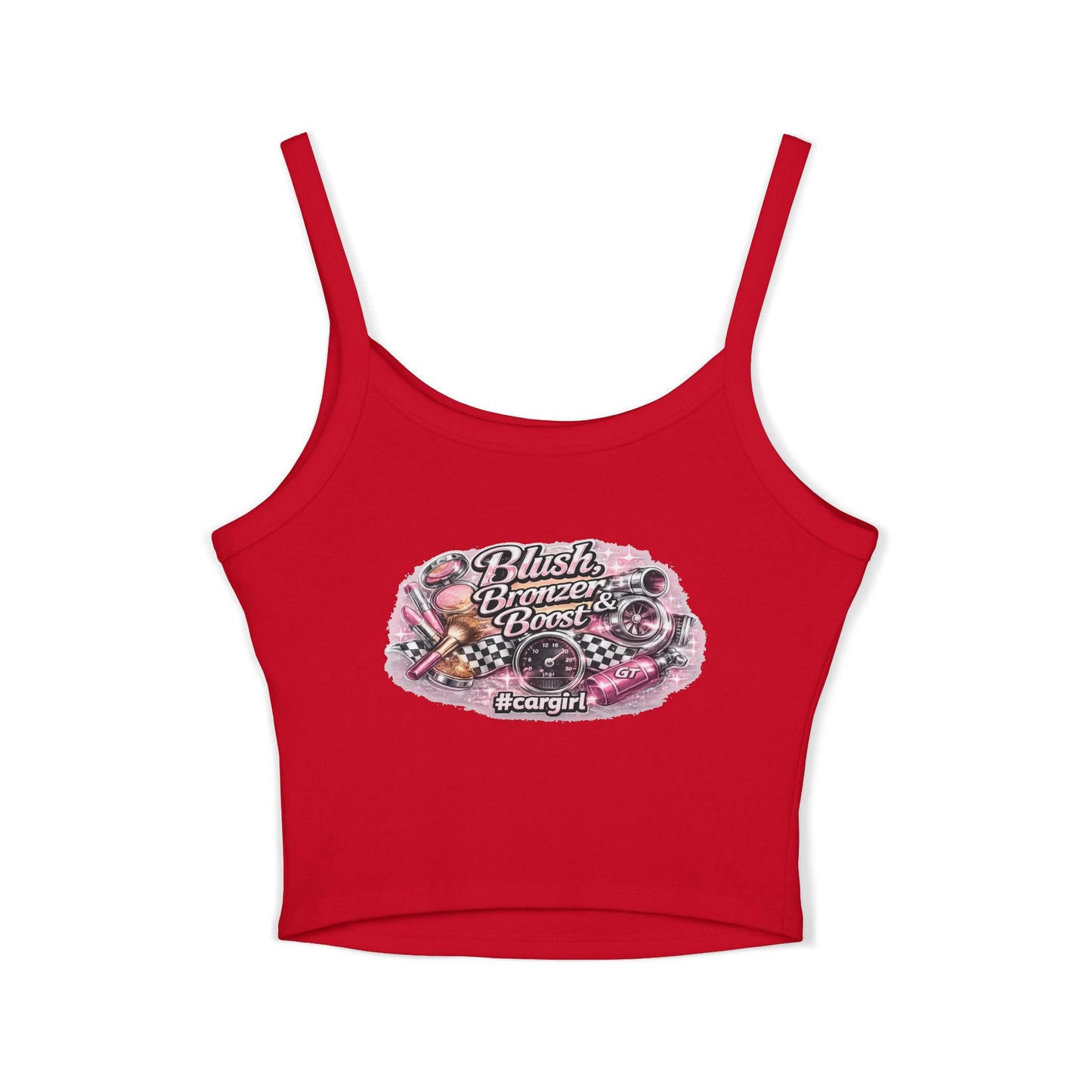 Spaghetti Tank Top — 'Blush Bronzer Boost' Graphic Crop Top