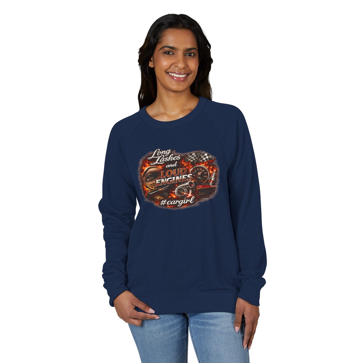 Car Girl Engine Crewneck Sweatshirt — 'Long Lashes, loud engines”