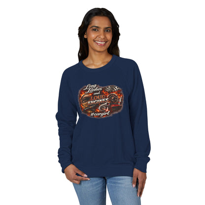 Car Girl Engine Crewneck Sweatshirt — 'Long Lashes, loud engines”