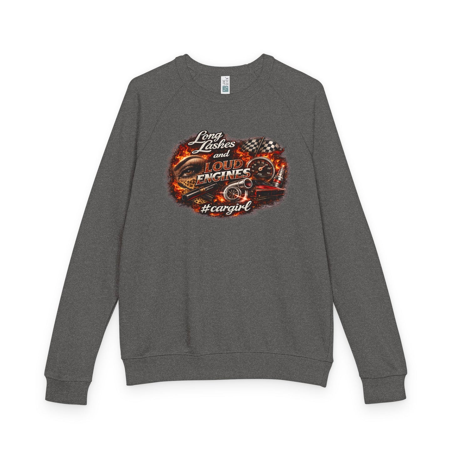 Car Girl Engine Crewneck Sweatshirt — 'Long Lashes, loud engines”