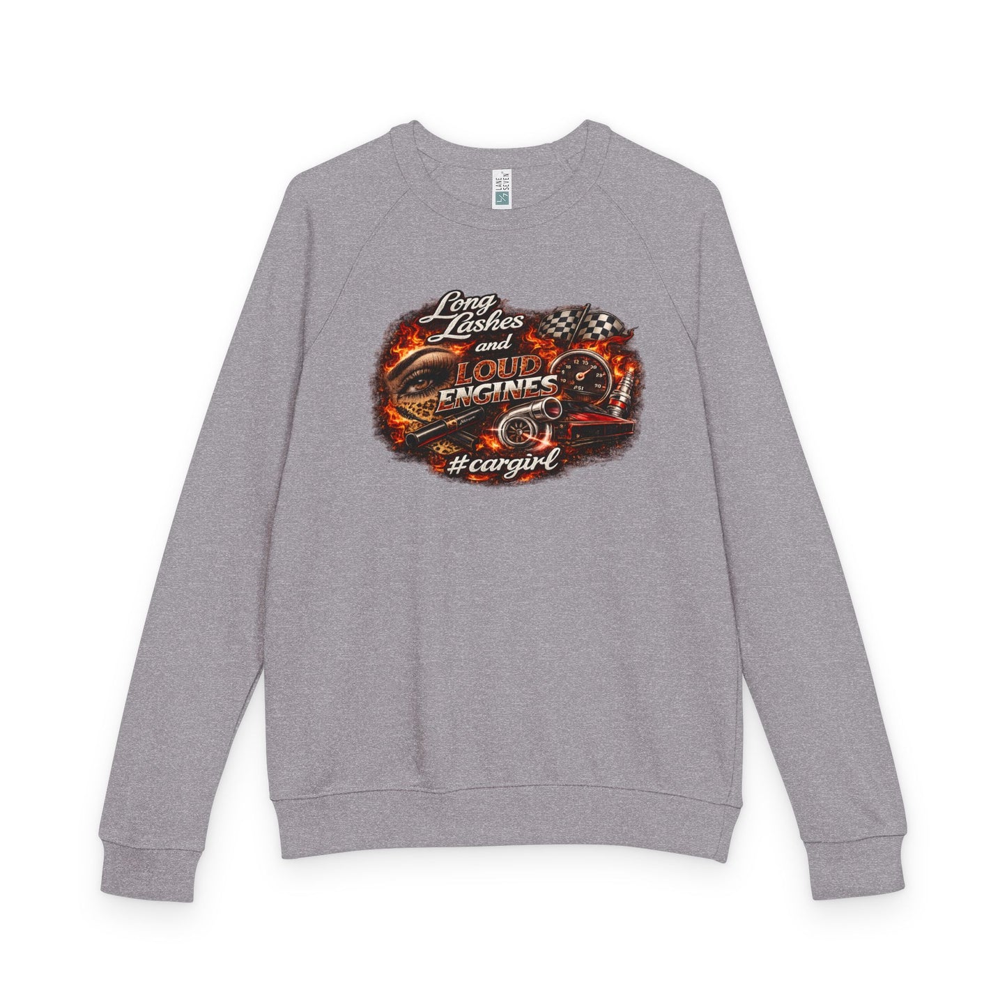 Car Girl Engine Crewneck Sweatshirt — 'Long Lashes, loud engines”