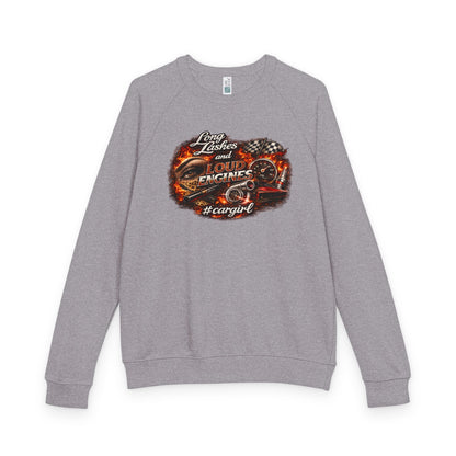Car Girl Engine Crewneck Sweatshirt — 'Long Lashes, loud engines”