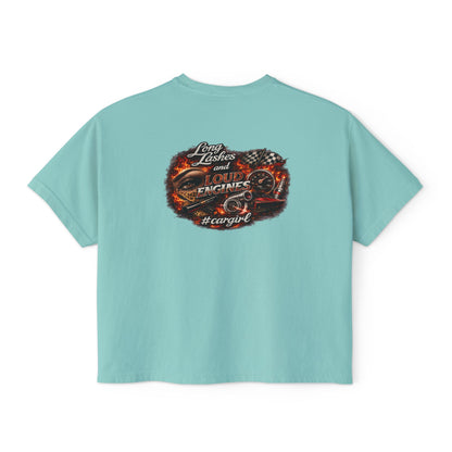 Long Lashes & Loud Engines Women's Boxy Tee – Car Girl Graphic Cropped T-Shirt