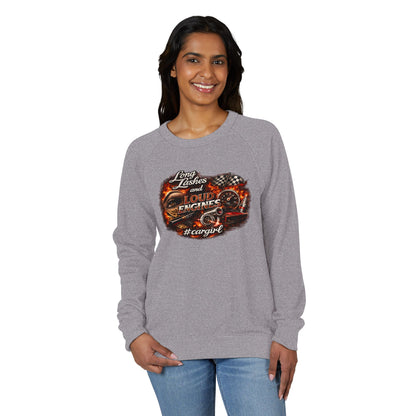Car Girl Engine Crewneck Sweatshirt — 'Long Lashes, loud engines”