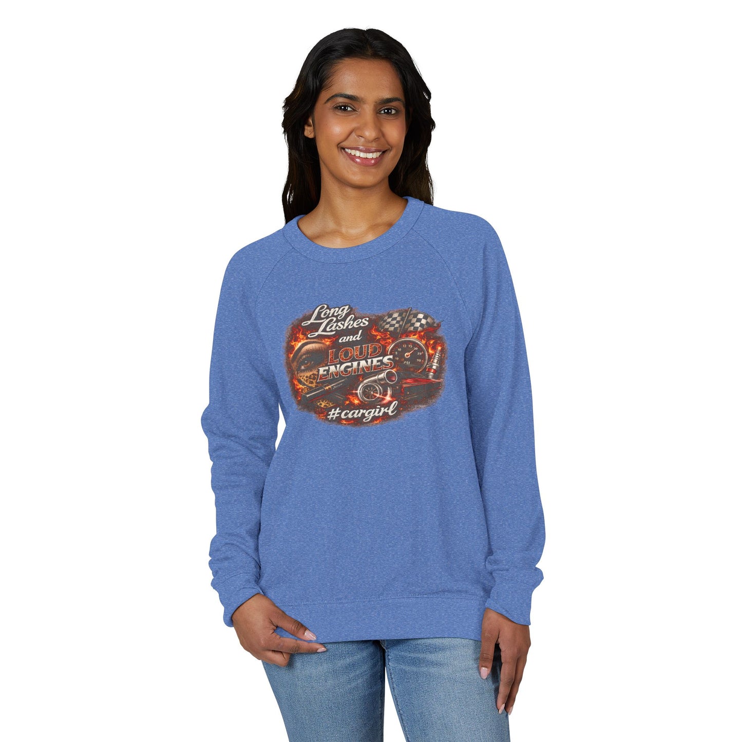 Car Girl Engine Crewneck Sweatshirt — 'Long Lashes, loud engines”
