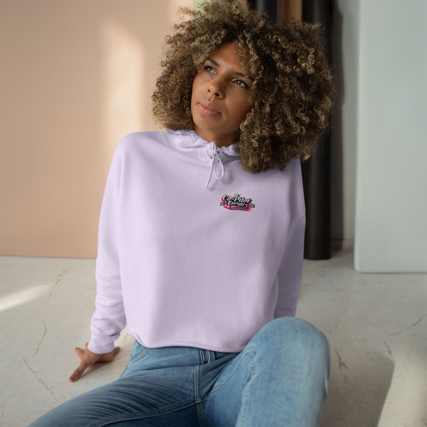 Co-Pilot Energy Cropped Hoodie — Retro Pink Racing Graphic Crop Sweatshirt