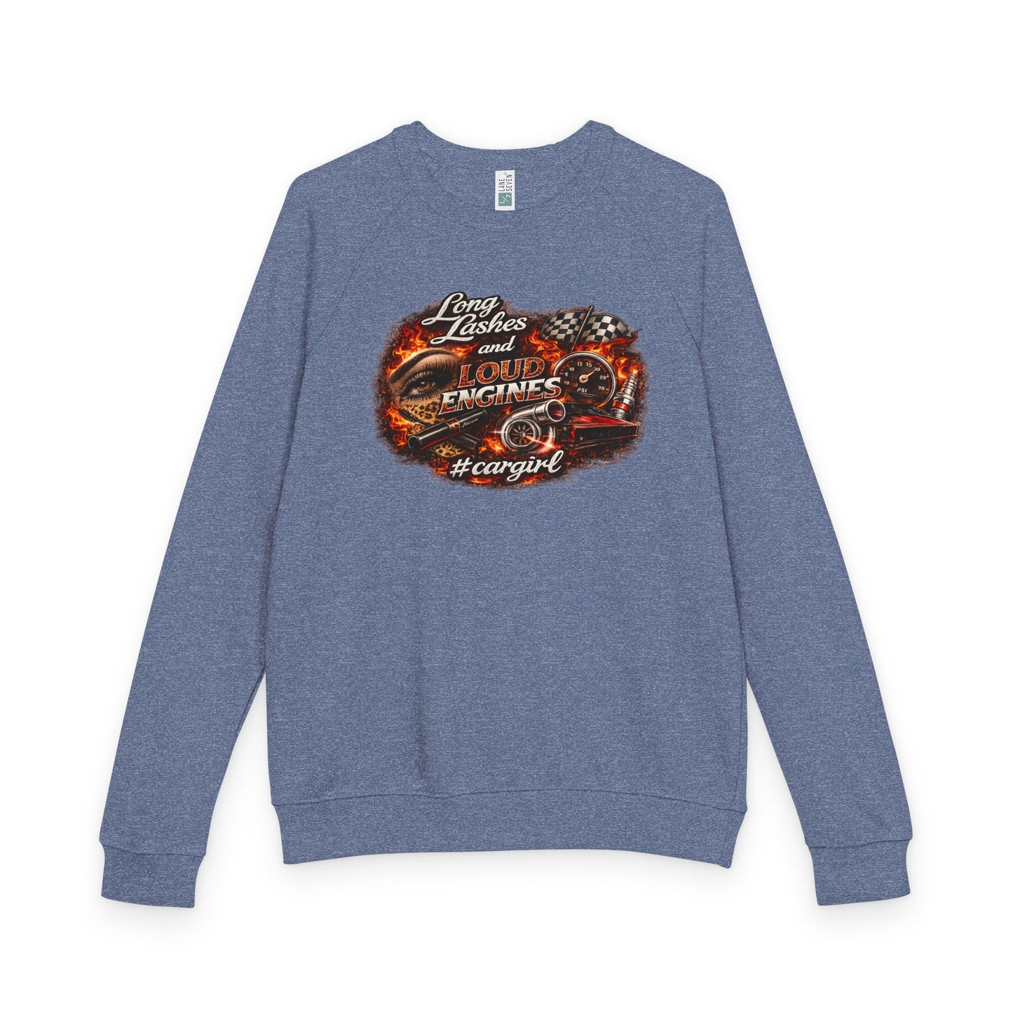 Car Girl Engine Crewneck Sweatshirt — 'Long Lashes, loud engines”