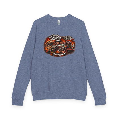 Car Girl Engine Crewneck Sweatshirt — 'Long Lashes, loud engines”