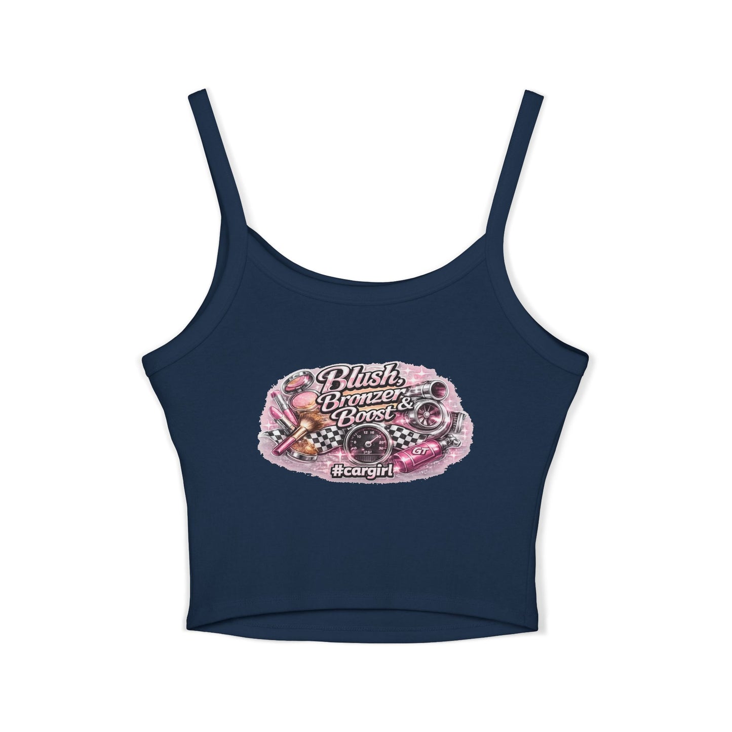 Spaghetti Tank Top — 'Blush Bronzer Boost' Graphic Crop Top