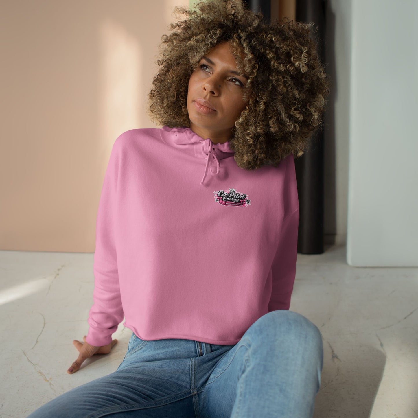 Co-Pilot Energy Cropped Hoodie — Retro Pink Racing Graphic Crop Sweatshirt