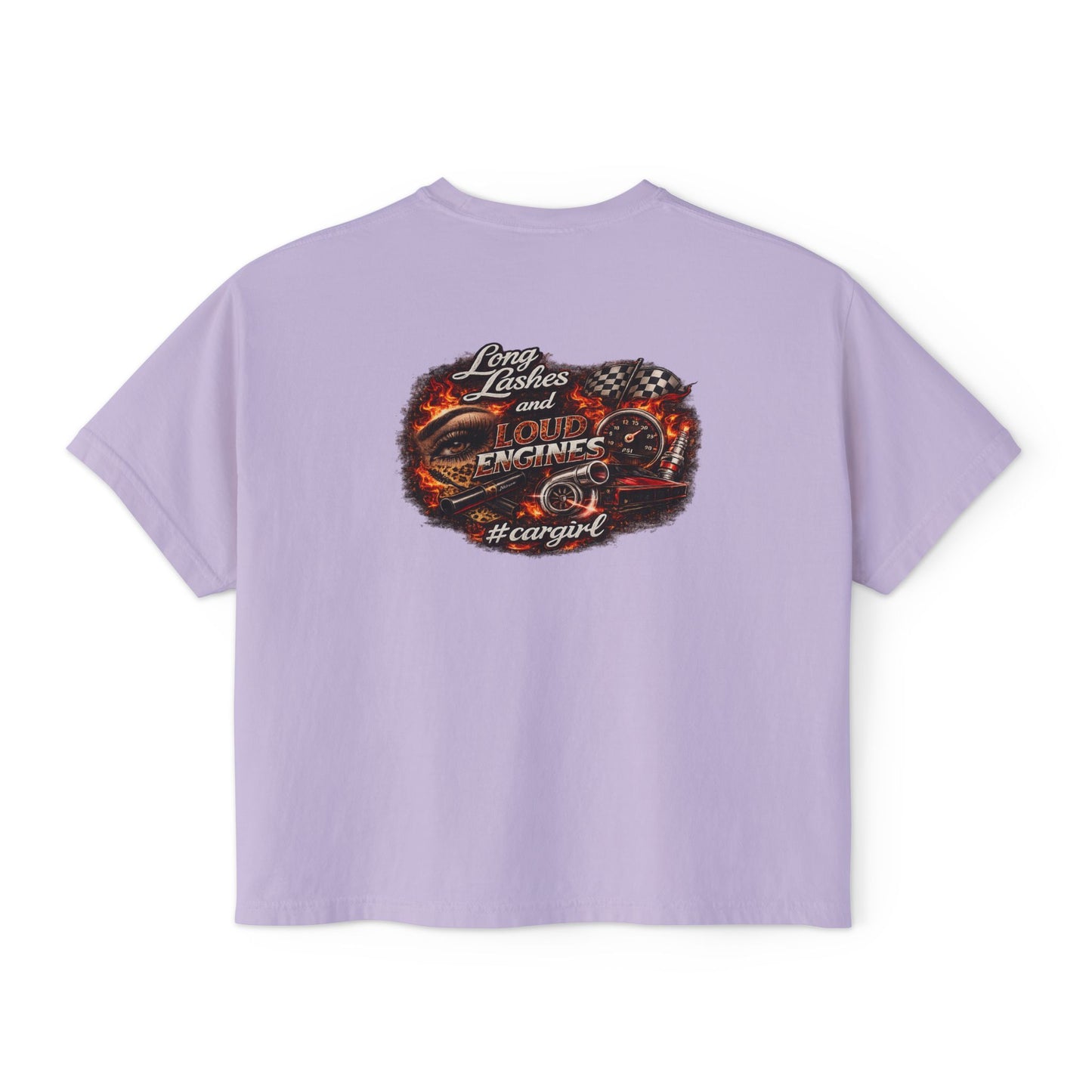 Long Lashes & Loud Engines Women's Boxy Tee – Car Girl Graphic Cropped T-Shirt