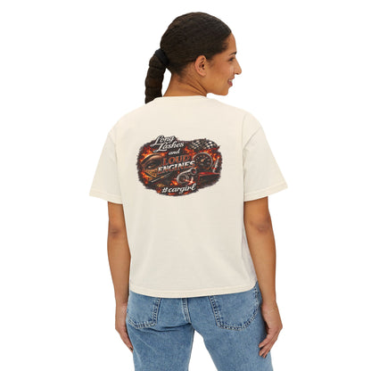 Long Lashes & Loud Engines Women's Boxy Tee – Car Girl Graphic Cropped T-Shirt