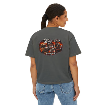 Long Lashes & Loud Engines Women's Boxy Tee – Car Girl Graphic Cropped T-Shirt