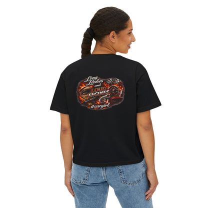 Long Lashes & Loud Engines Women's Boxy Tee – Car Girl Graphic Cropped T-Shirt