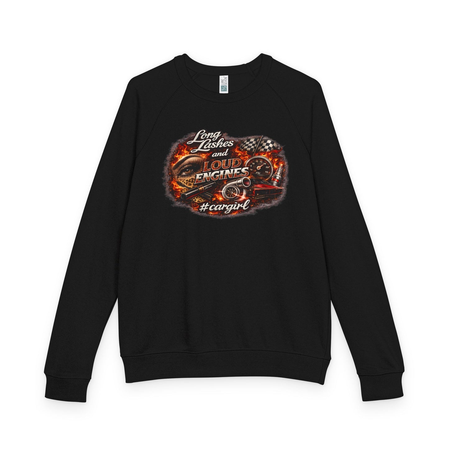 Car Girl Engine Crewneck Sweatshirt — 'Long Lashes, loud engines”