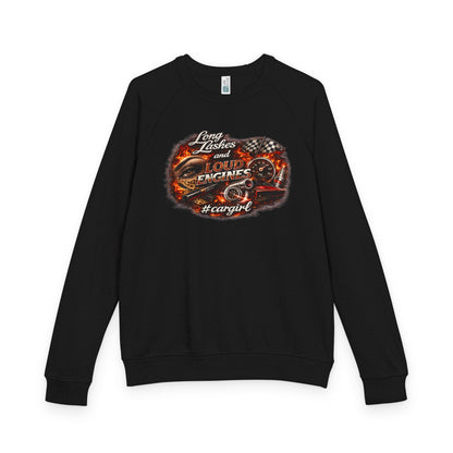 Car Girl Engine Crewneck Sweatshirt — 'Long Lashes, loud engines”