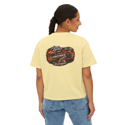 Long Lashes & Loud Engines Women's Boxy Tee – Car Girl Graphic Cropped T-Shirt