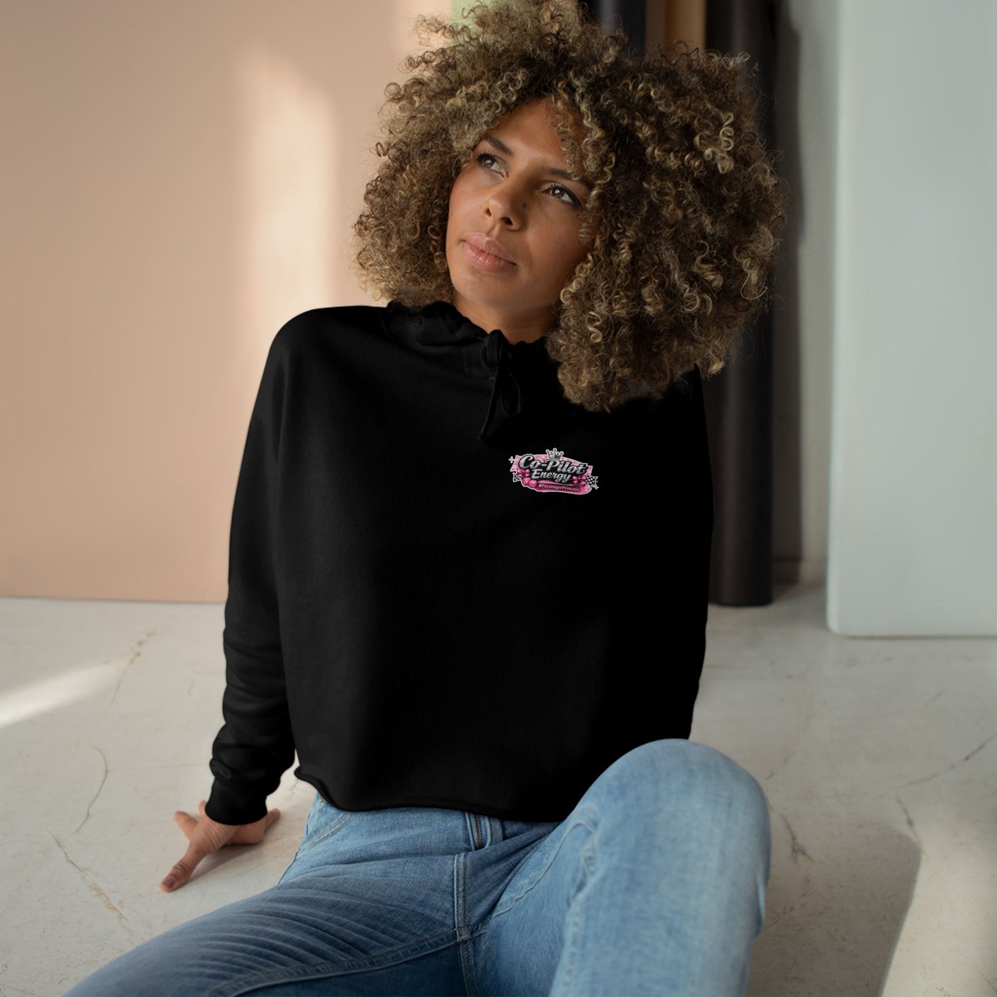 Co-Pilot Energy Cropped Hoodie — Retro Pink Racing Graphic Crop Sweatshirt
