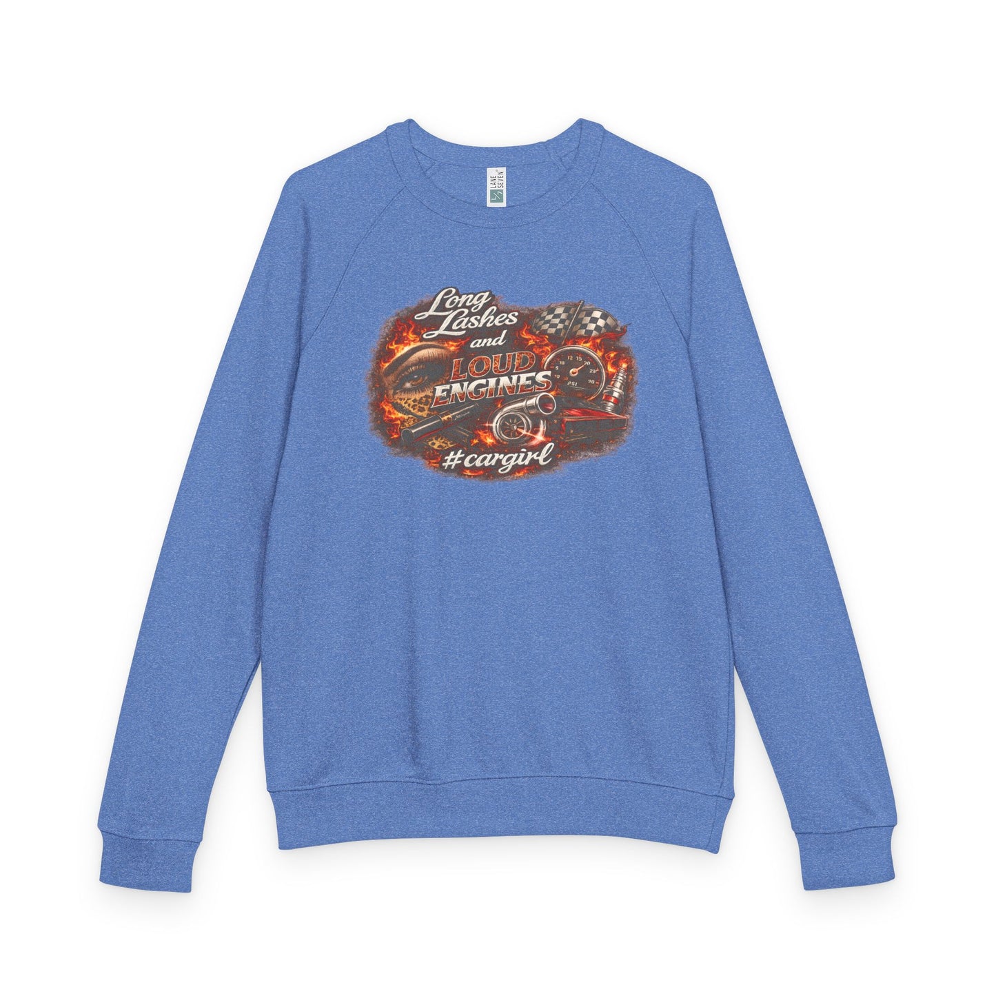 Car Girl Engine Crewneck Sweatshirt — 'Long Lashes, loud engines”
