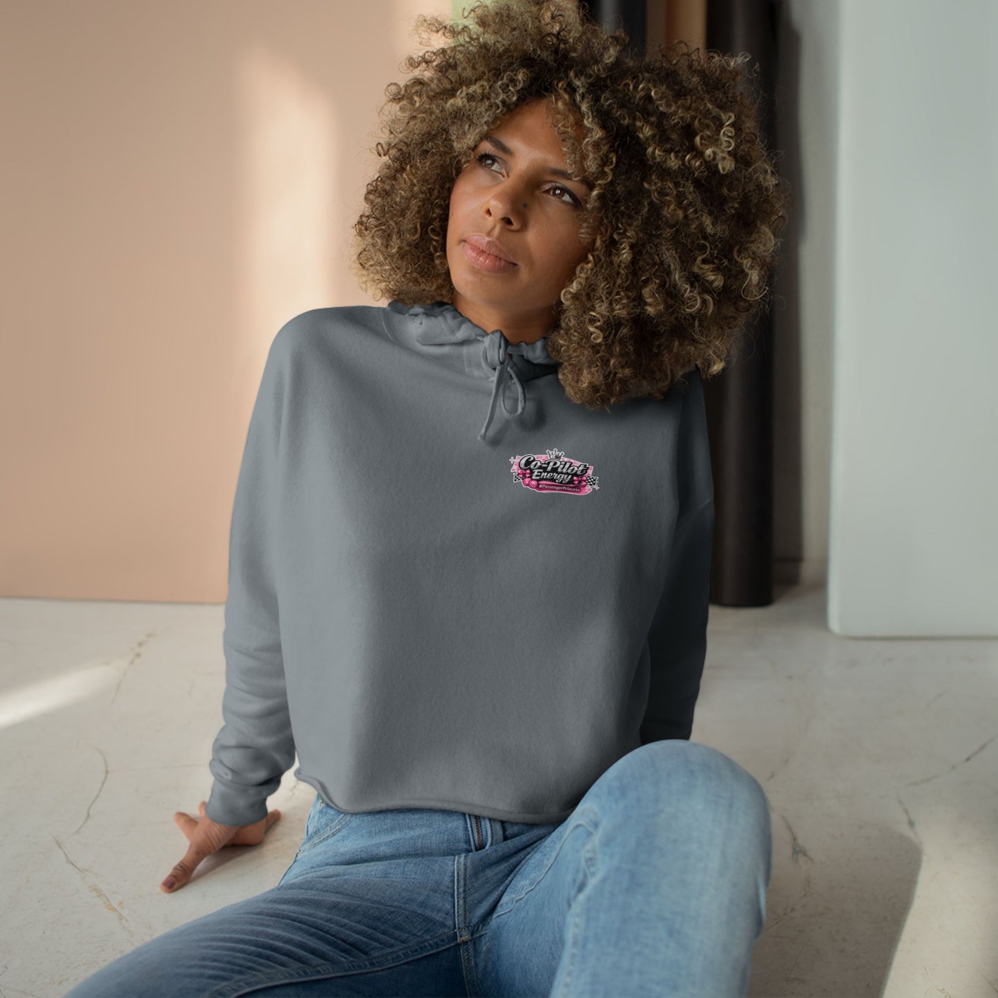 Co-Pilot Energy Cropped Hoodie — Retro Pink Racing Graphic Crop Sweatshirt