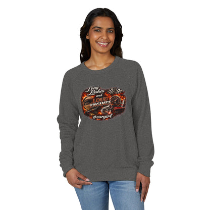 Car Girl Engine Crewneck Sweatshirt — 'Long Lashes, loud engines”