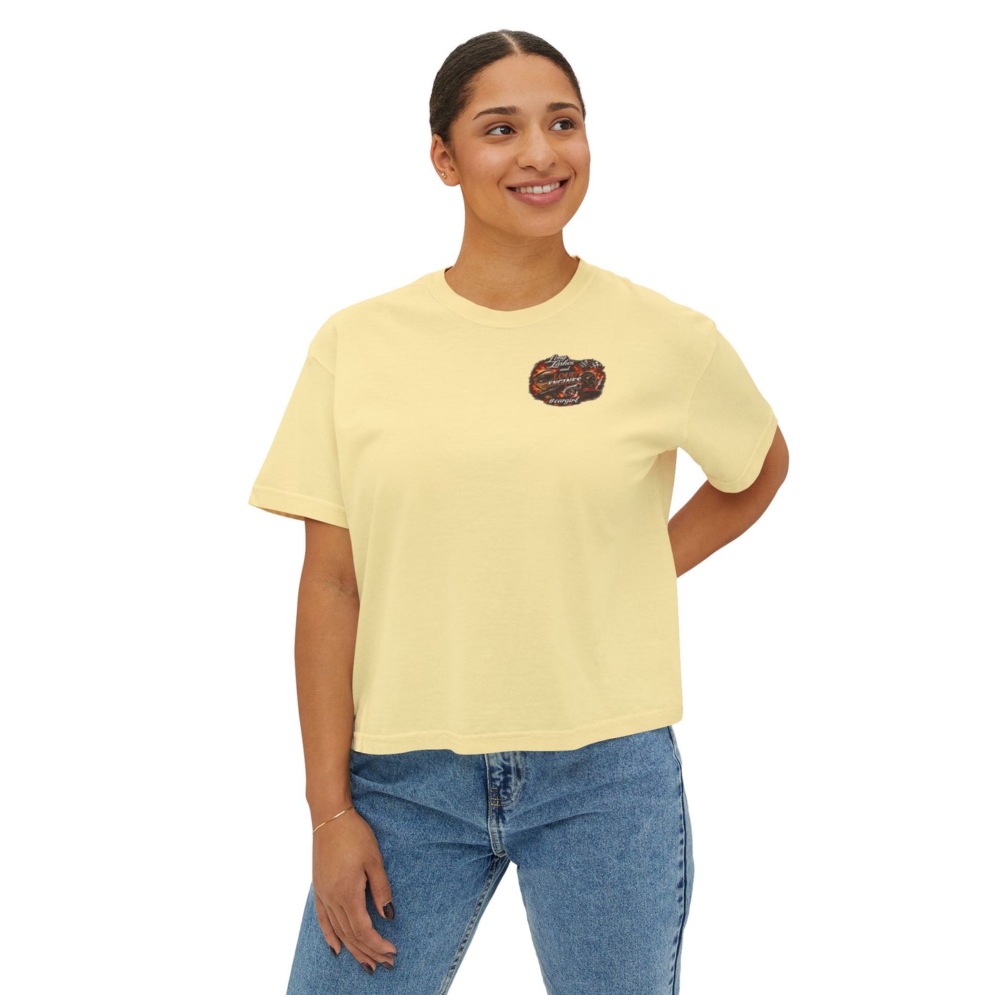 Long Lashes & Loud Engines Women's Boxy Tee – Car Girl Graphic Cropped T-Shirt
