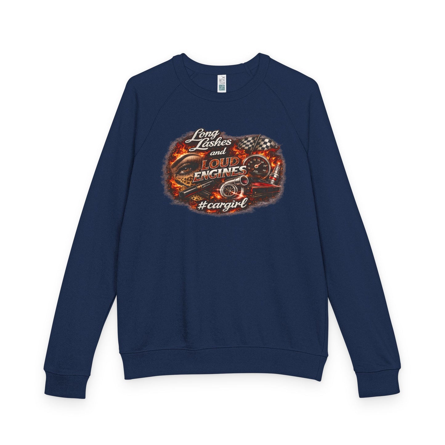 Car Girl Engine Crewneck Sweatshirt — 'Long Lashes, loud engines”