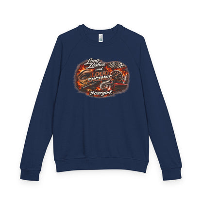 Car Girl Engine Crewneck Sweatshirt — 'Long Lashes, loud engines”