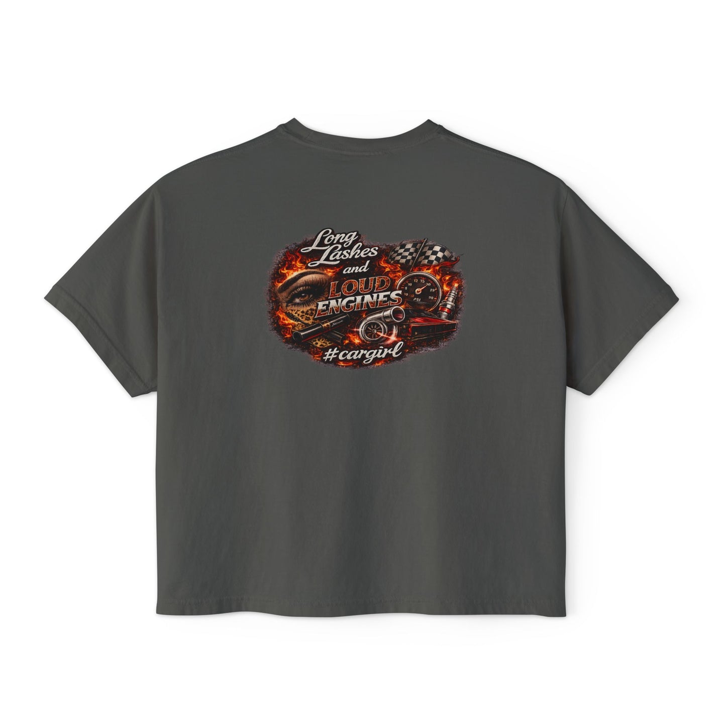 Long Lashes & Loud Engines Women's Boxy Tee – Car Girl Graphic Cropped T-Shirt