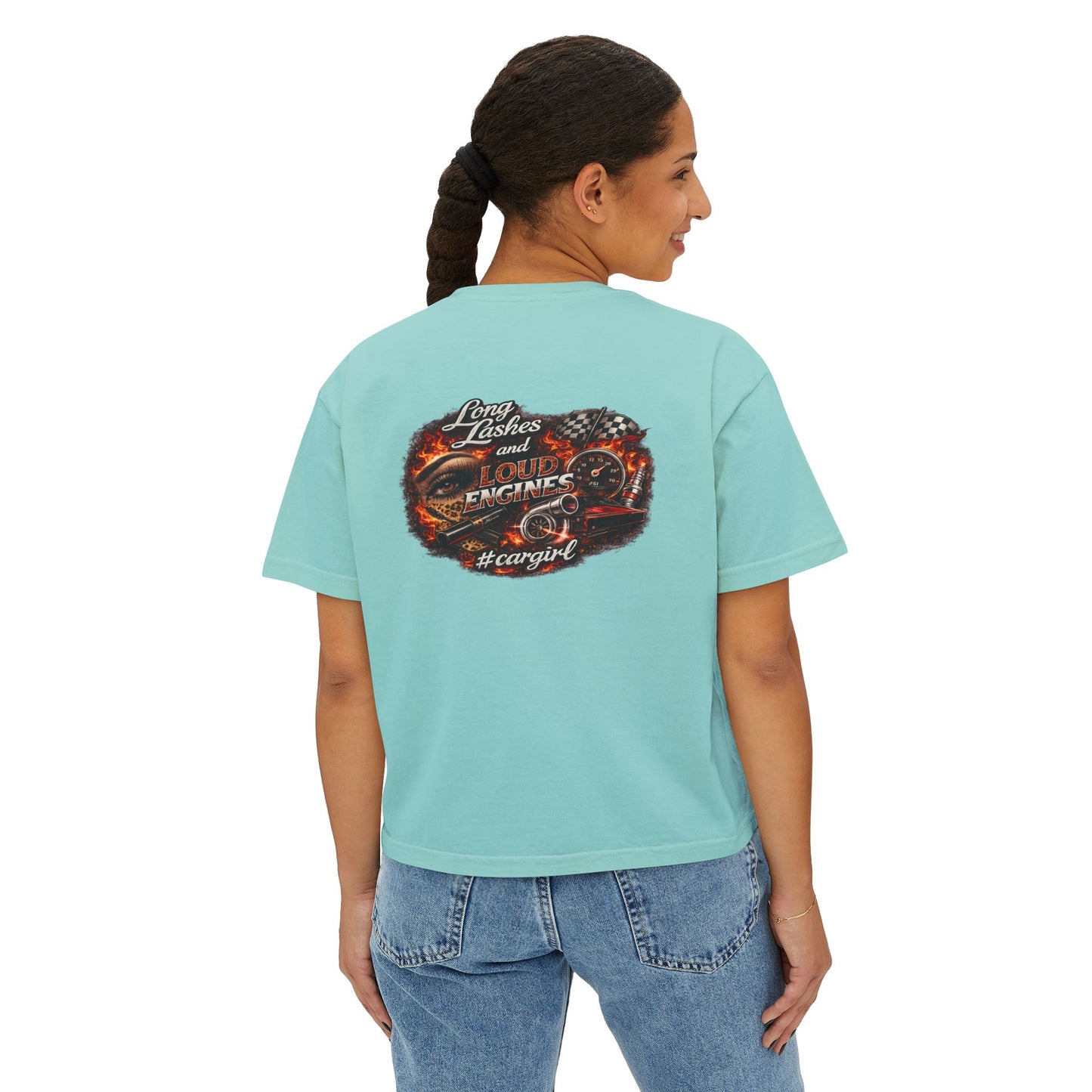 Long Lashes & Loud Engines Women's Boxy Tee – Car Girl Graphic Cropped T-Shirt