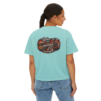 Long Lashes & Loud Engines Women's Boxy Tee – Car Girl Graphic Cropped T-Shirt