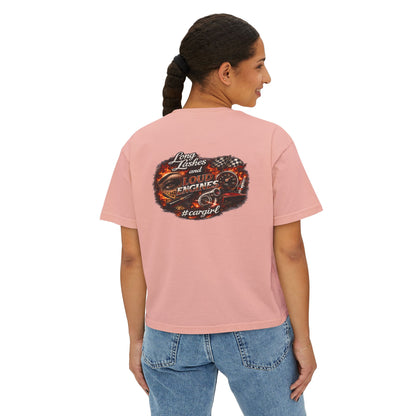 Long Lashes & Loud Engines Women's Boxy Tee – Car Girl Graphic Cropped T-Shirt