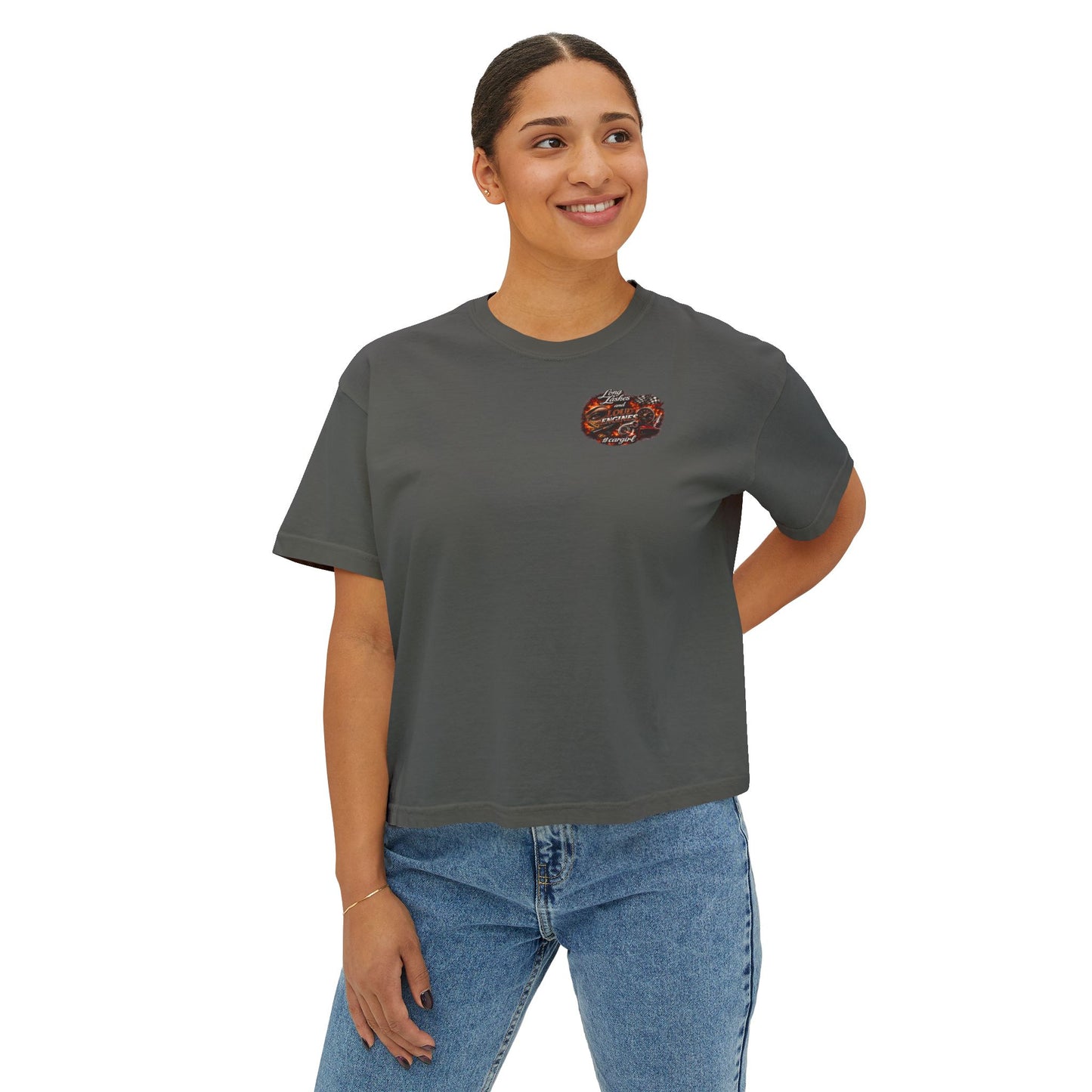 Long Lashes & Loud Engines Women's Boxy Tee – Car Girl Graphic Cropped T-Shirt