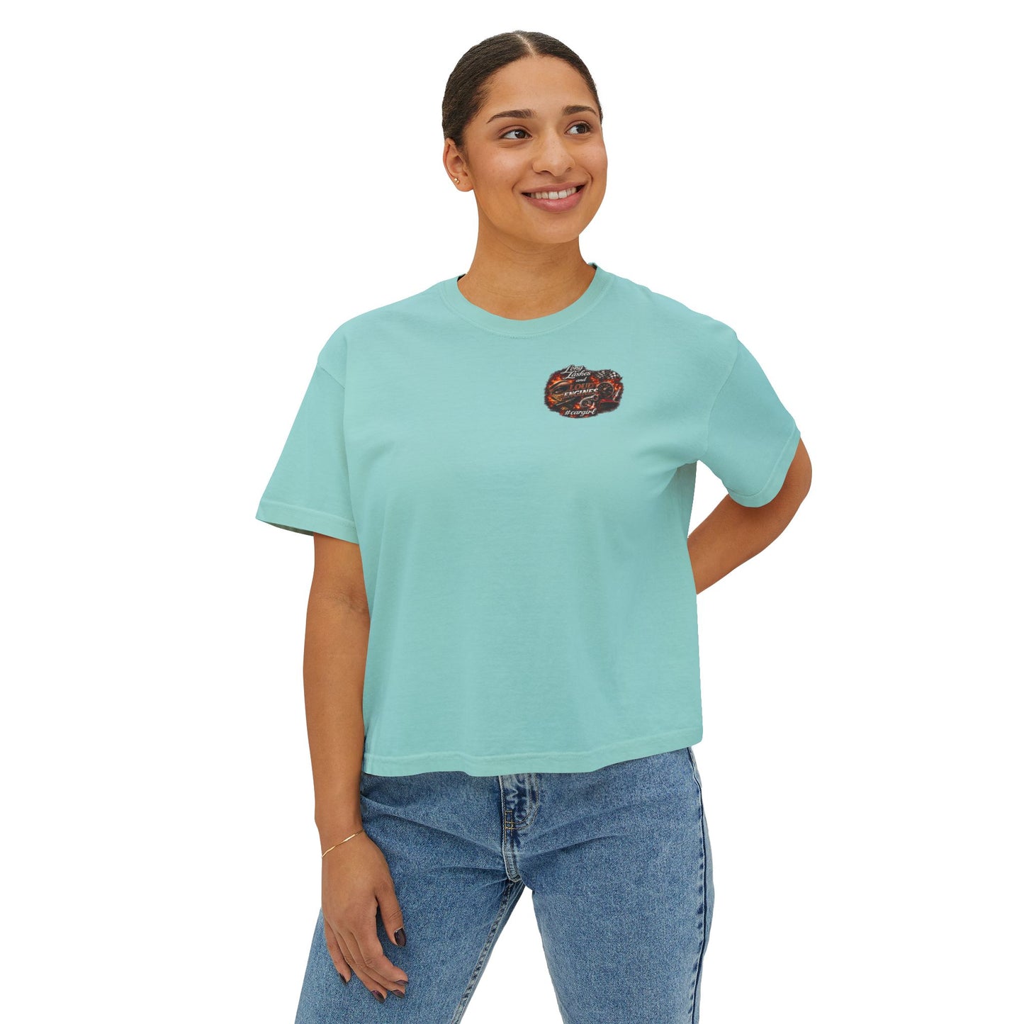 Long Lashes & Loud Engines Women's Boxy Tee – Car Girl Graphic Cropped T-Shirt