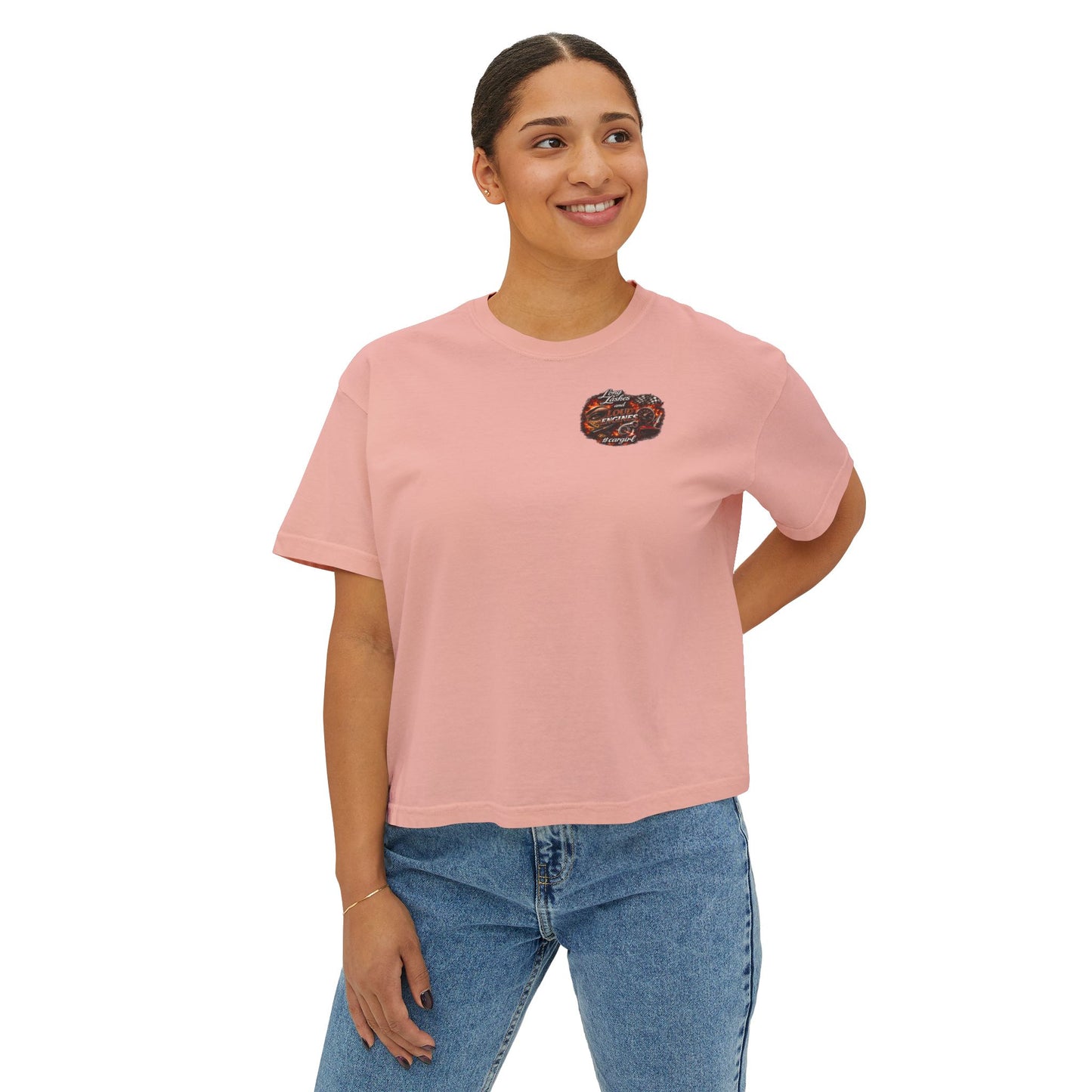 Long Lashes & Loud Engines Women's Boxy Tee – Car Girl Graphic Cropped T-Shirt