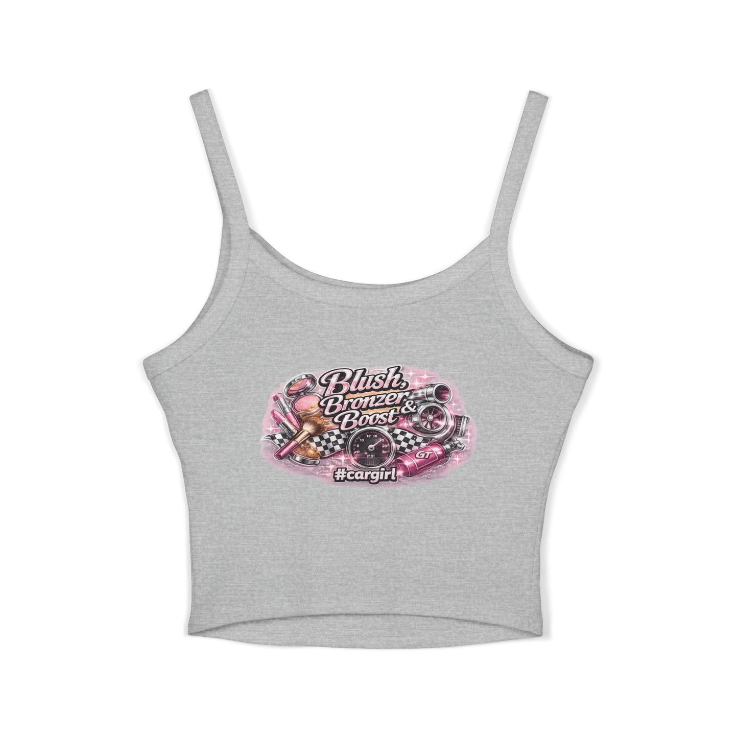 Spaghetti Tank Top — 'Blush Bronzer Boost' Graphic Crop Top