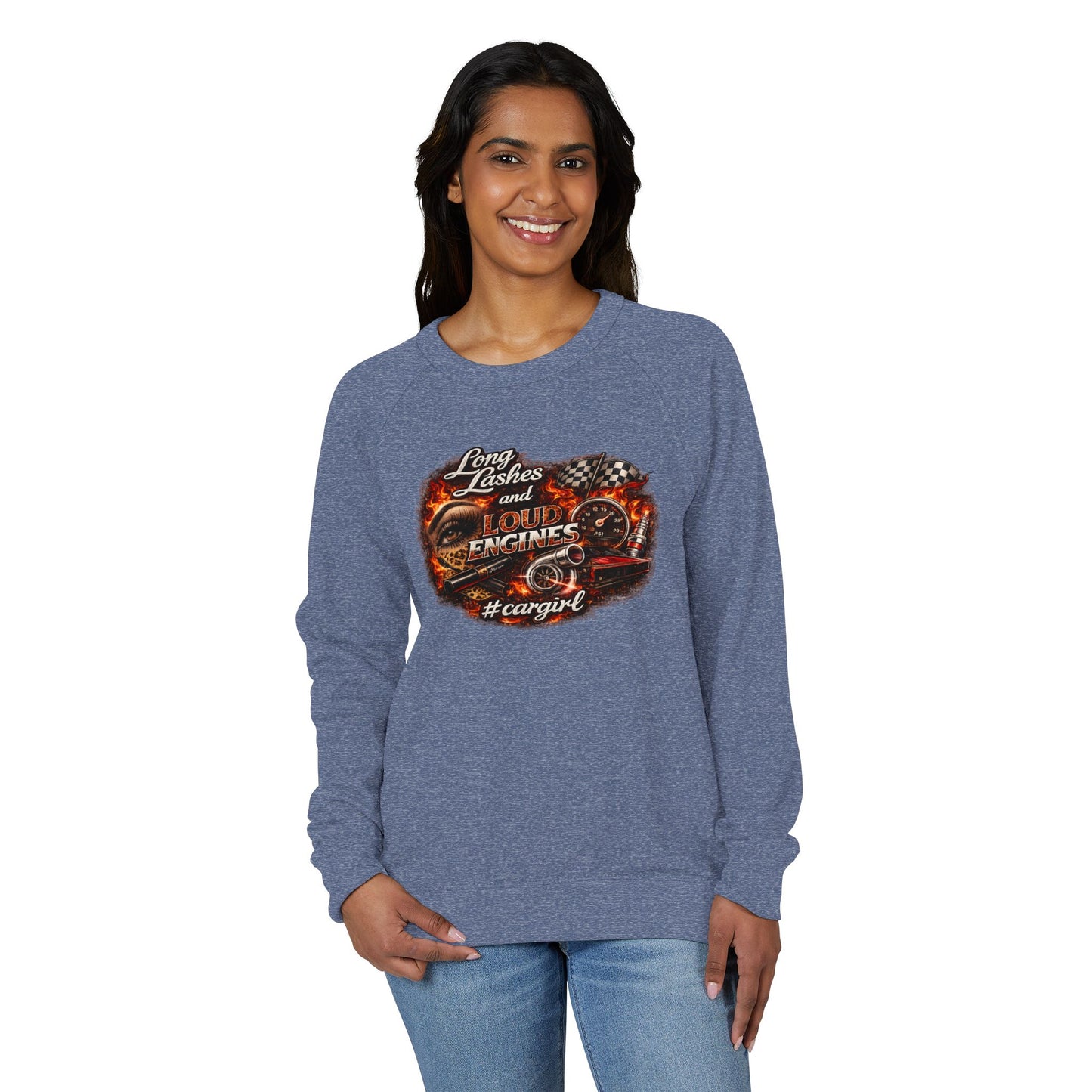 Car Girl Engine Crewneck Sweatshirt — 'Long Lashes, loud engines”