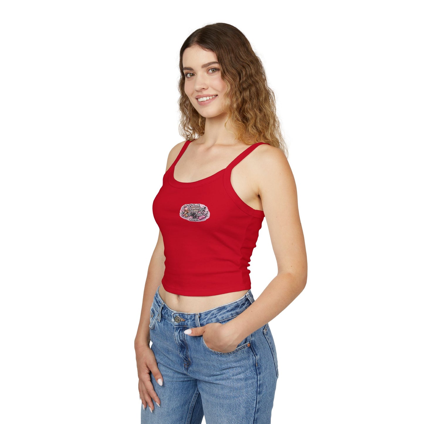 Spaghetti Tank Top — 'Blush Bronzer Boost' Graphic Crop Top